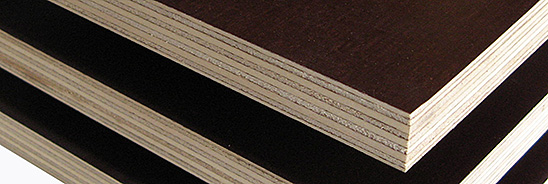 Poplar film faced plywood panels with dark brown phenolic surface showing poplar veneer core layers
